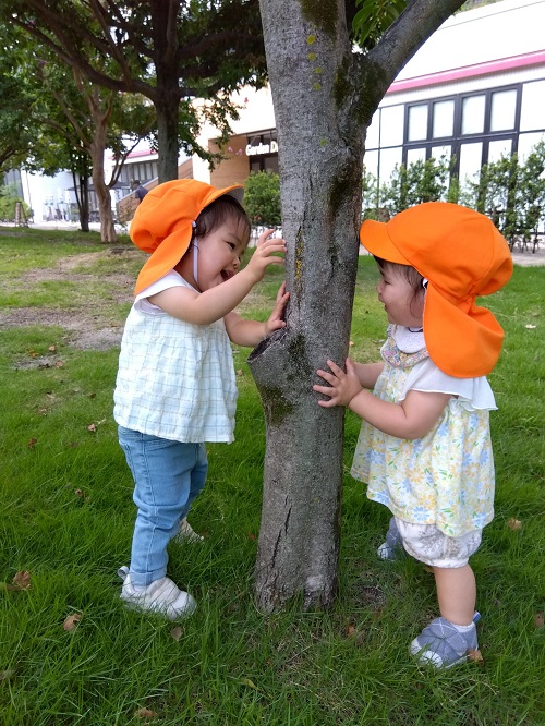 晴れた日は、積極的に戸外に出掛けます🌤<br />
お外遊びが大好きな子ども達、保育士と戸外の散策を楽しみます🎶<br />
沢山のお日様を浴びて、元気いっぱいです😄<br />
