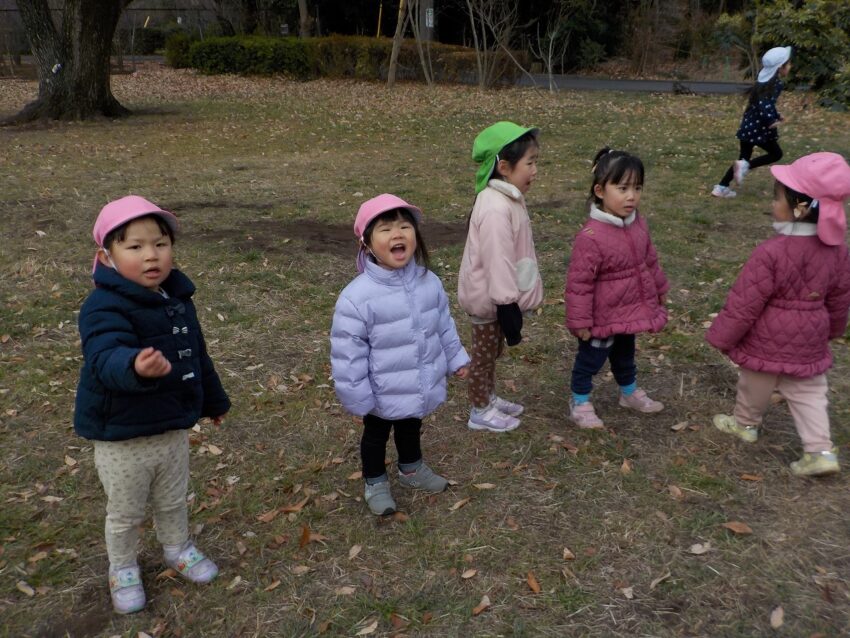 電柱に止まっている鳩を呼んでいます。「おーい！鳩さーん！」